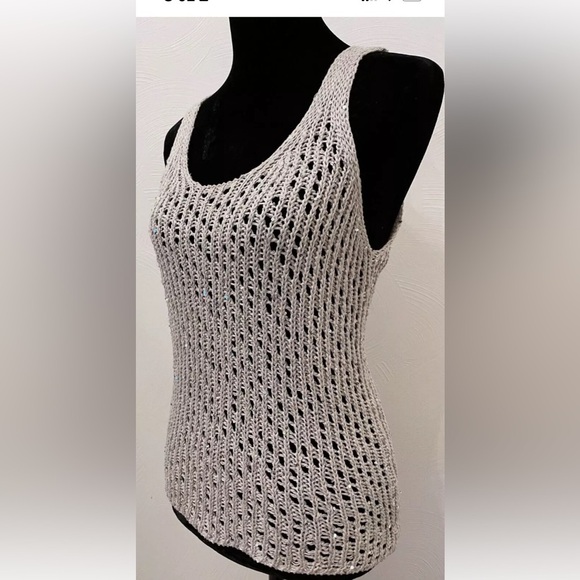 Eileen Fisher womens crochet open knit sequin sleeveless sweater XS gray cotton - Picture 4 of 9